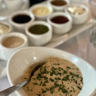 Green Chile Risotto and sauce flight