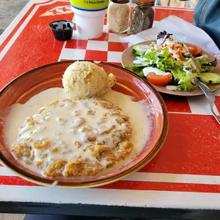 Traditional chicken fried steak meal. Mashed potatoes salad, pretty good. I would not order again