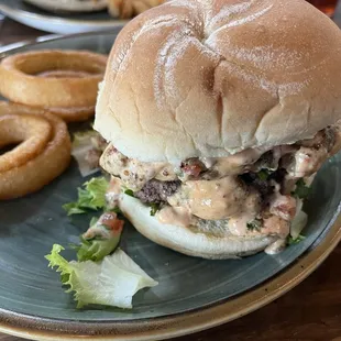 Boud Boudin Burger w onion rings