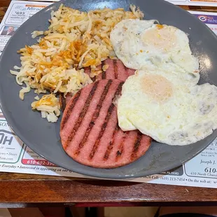 Over medium eggs, hash browns and pork roll