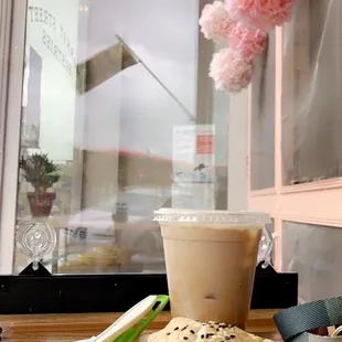 Food: Boureka with caramelized onions and mashed golden potatoes.  Drink: Iced chai latte