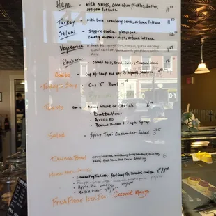 a menu on a white board