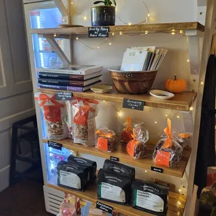 a shelf of snacks