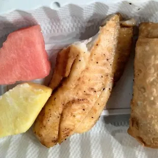 Egg roll, fish and fruit