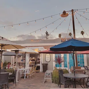 patio area with tables and umbrellas