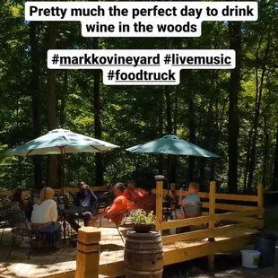people sitting at a picnic table in the woods