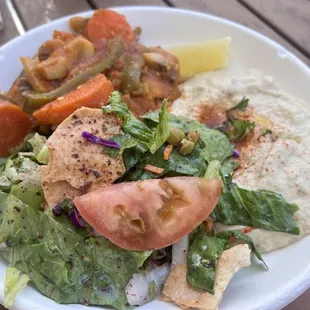 Veggie stir fry platter, which comes with two sides. I added Baba ghanoush and fattoush salad