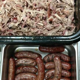 BBQ pulled pork and smoked Brats
