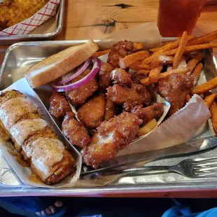 Honeywings, barnyard corn, and sweet potatoe fries