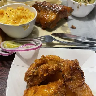Brisket plate with Brisket, ribs, port, and honey wings.