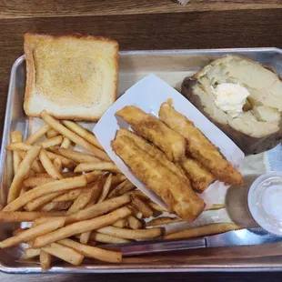 Lunch menu. Chicken strips with 2 side items. Baked potato and friends fries.