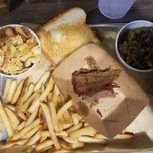 Chicken pasta salad, green beans w/ pork, fries, brisket and Texas toast