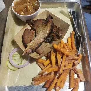 Brisket, sweet potato fries and apples