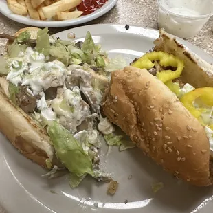 Chicken Hoagie Added tziki and yellow peppers subbed out gr peppers for mushrooms. Yum!