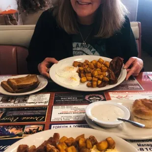 Breakfast special: 2 eggs, bacon, home fries and side of biscuit and gravy