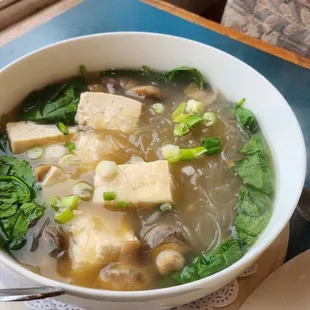 Tofu mushroom, spinach, clear noodle soup