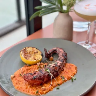 Grilled Spanish octopus, romesco, crunchy chickpeas, aged sherry vinegar