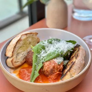 Pachamama pork meatballs, Bianco tomatoes, Grana, grilled bread. - excellent flavor, not very moist.