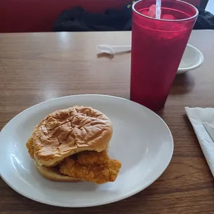 Chicken patty, with steamed bun.
