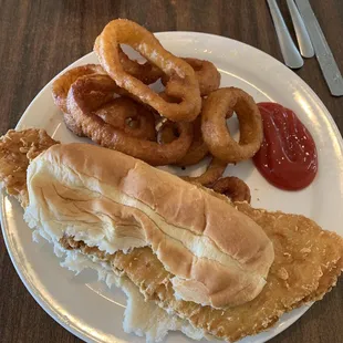 Belly buster fish with onion rings.