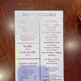 Daily specials menu