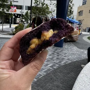 Inside the ube crinkle cookie with leche flan