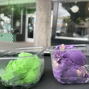 Pandan and ube flan