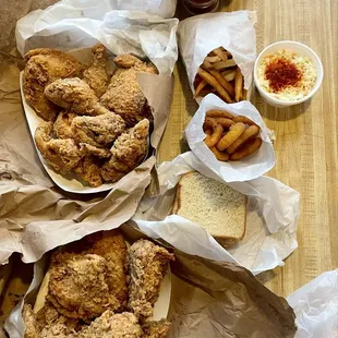 16 piece lemon pepper chicken, fries, coleslaw, okra, onion rings