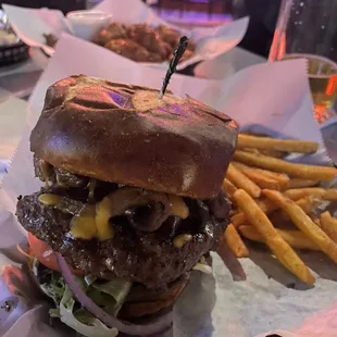 a burger and fries