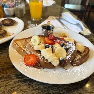 French Toast Topped with Berries &amp; Bananas  Turkey Sausage