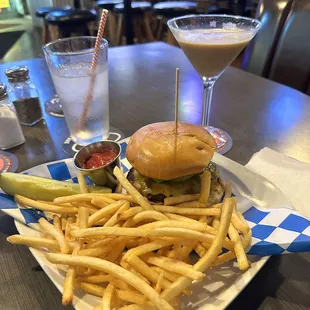 Burger w/cheese, avocado &amp; sauce.  Espresso Martini -- both are delicious! Anddd good fries :)