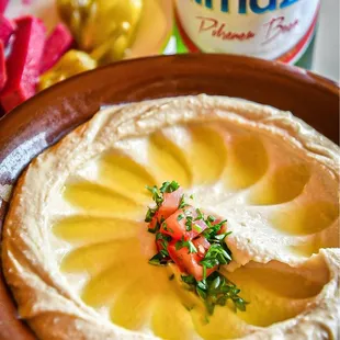 Hummus B-Tahini and Almaza (Lebanese Beer)