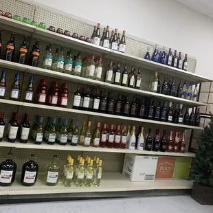 shelves filled with various types of wine