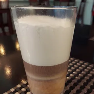 a glass of coffee on a table