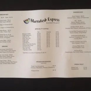 Marrakesh menu