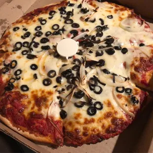 Pizza To Go. Olive, Onion &amp; Pepperoni in size medium. Surprisingly it doesn&apos;t taste too salty!