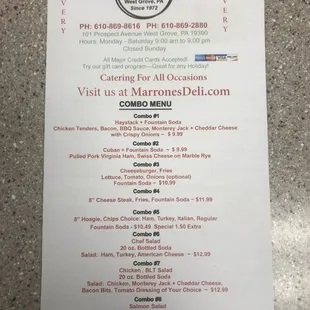 Hours of operation and combo meals