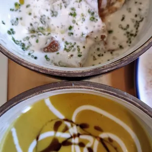 squash soup/apples. (Bottom) New spin on their potatoes(top)..the taleggio cream was the best thing ever. Just dip everything in it!