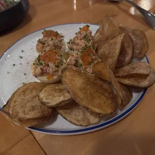 Deviled eggs (small) with the best homemade chips!