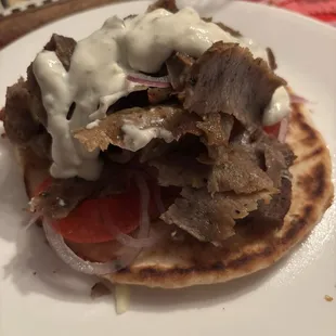 Made my own little gyro. If ordering mezze platter request uncut pita! Can definitely make two solid gyros off one order!