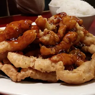 General Tso&apos;s Chicken. Chicken is too breaded for my taste but sauce is okay.