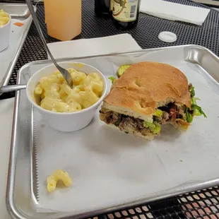 a sandwich and macaroni and cheese