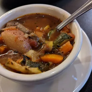 Minestrone soup - unlike any we&apos;ve had before really more of a dark vegetable, but still delicious.