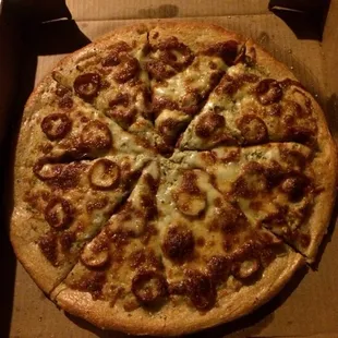 White pizza with pepperoni added.