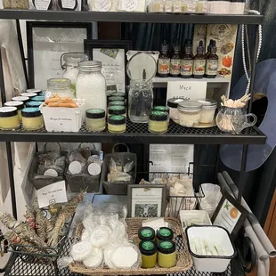 A nice collection of homemade salves and jewelry and even mushroom tinctures!