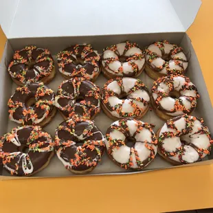 a dozen donuts in a box