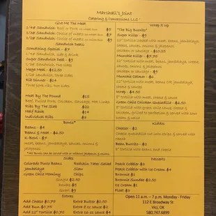 Current menu. Specials are posted at the counter daily. Enjoy!