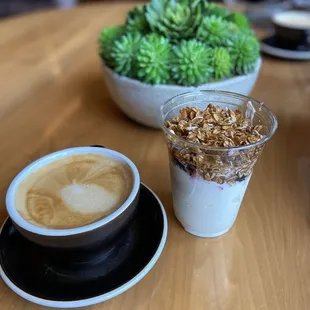 Oat milk latte and Yogurt Parfait