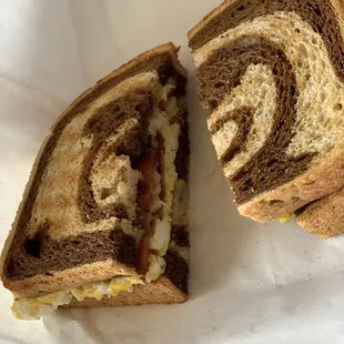 Breakfast Sandwich on rye with bacon very good!