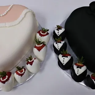 Bride and groom cake and chocolate covered strawberries